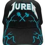 Black cap with 'Juren' logo in white and teal puff embroidered and teal lightning on visor