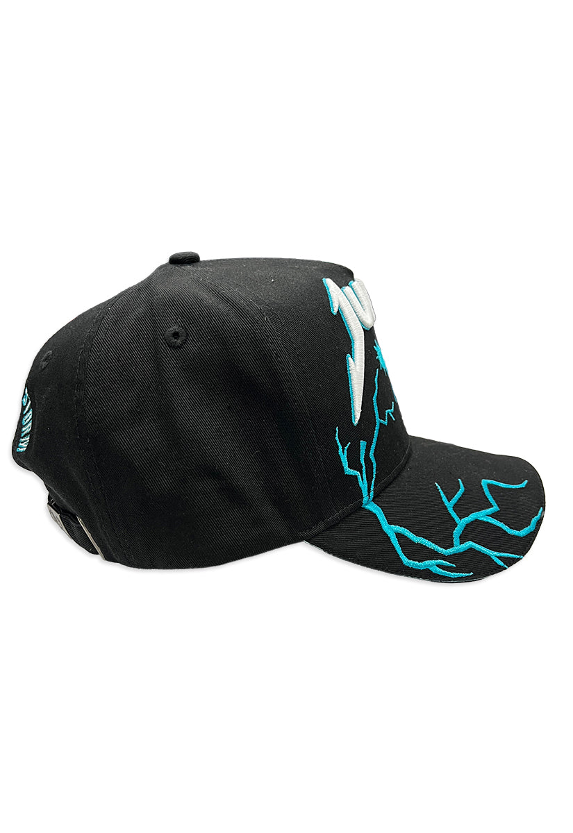 Black cap with 'Juren' logo in white and teal puff embroidered and teal lightning on visor