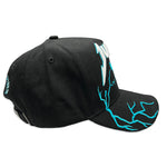 Black cap with 'Juren' logo in white and teal puff embroidered and teal lightning on visor