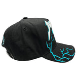Black cap with 'Juren' logo in white and teal puff embroidered and teal lightning on visor