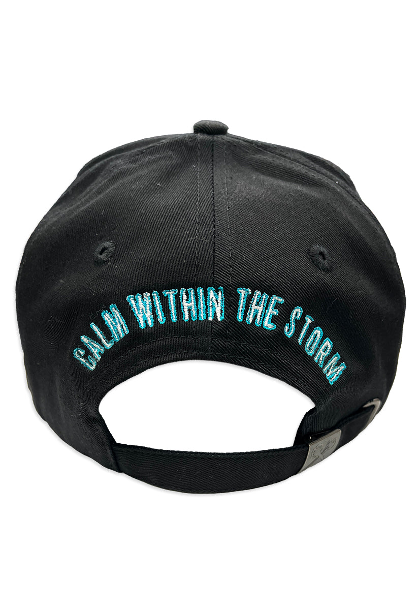 Black cap with 'Juren' logo in white and teal puff embroidered and teal lightning on visor
