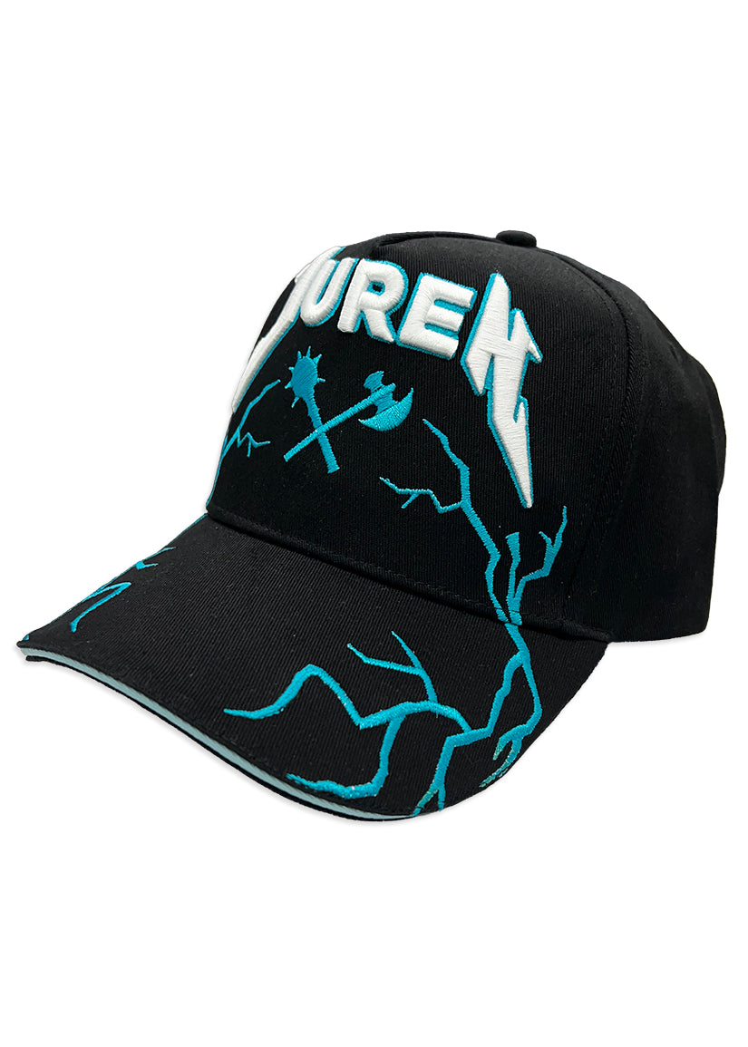 Black cap with 'Juren' logo in white and teal puff embroidered and teal lightning on visor