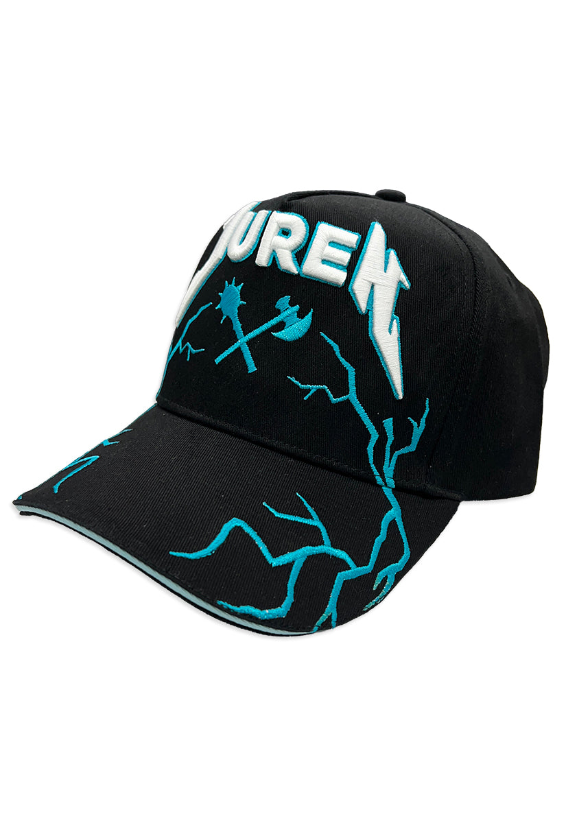 Black cap with 'Juren' logo in white and teal puff embroidered and teal lightning on visor