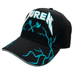 Black cap with 'Juren' logo in white and teal puff embroidered and teal lightning on visor