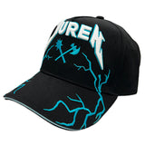 Black cap with 'Juren' logo in white and teal puff embroidered and teal lightning on visor