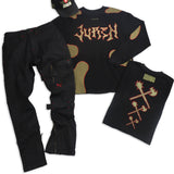 Freddy Patchwork Crewneck Sweater, Cement Jeans and Trucker Hat Combo