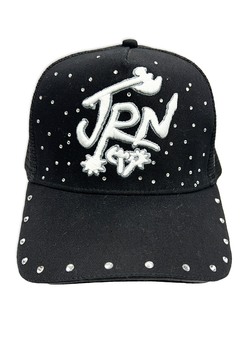 Black cap with white embellishments and 'JRN' logo on a white background