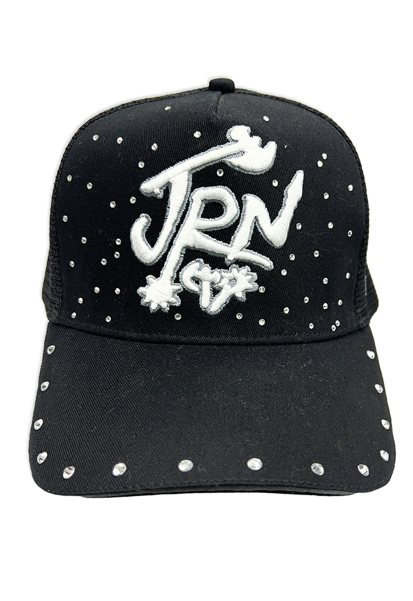 Black cap with white embellishments and 'JRN' logo on a white background