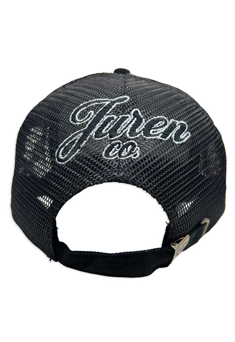 Black mesh cap with white embroidered text on a white background
