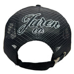 Black mesh cap with white embroidered text on a white background