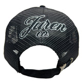 Black mesh cap with white embroidered text on a white background