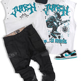 Unleash Your Potential Muscle Tee, Denim Jeans and Blocking Trucker Hat Combo