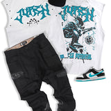 Unleash Your Potential Muscle Tee, Denim Jeans and Blocking Trucker Hat Combo