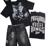 Pressure Makes Kings Black Shirt - Rhinestones, Black Denim Shorts and Trucker Hat Combo