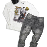 Thinking of a Masterplan White Crewneck Combo, Gray Jeans and Trucker Hat Combo