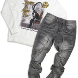 Thinking of a Masterplan White Crewneck and Gray Jeans Combo