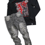 Thinking of a Masterplan Black Crewneck Combo, Gray Jeans and Trucker Hat Combo