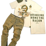 Bring It Home Cream Tee and Medium Sand Wash Denim and Olive Trucker Hat Jeans Combo