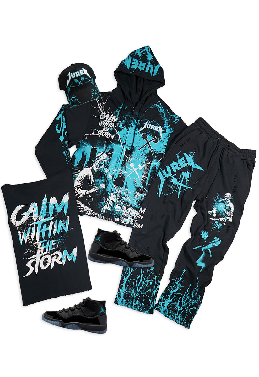 Black Outfit with Hoodie, Sweat pants and Trucker Hat.