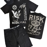 Copy of  Risk It All Black, Black Denim Shorts Shirt and Trucker Hat Combo
