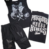 Pressure Makes Kings Muscle Black Shirt - Rhinestones, Shorts  and Trucker Hat Combo