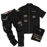 Honor & Glory Button Up Shirt, Distressed Tee and Denim Jean Combo