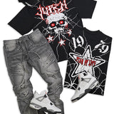 Star Of Life Black Tee, Gray Denim Jeans and Black Trucker Hat Combo