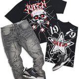 Star Of Life Black Tee and Gray Denim Jeans Combo