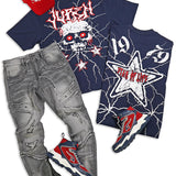 Star Of Life Navy Tee,  Juren Jayvon Gray Wash Denim Jeans, Red Trucker Hat and Sneakers Combo