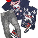 Star Of Life Navy Tee,  Juren Jayvon Gray Wash Denim Jeans, Red Trucker Hat and Sneakers Combo