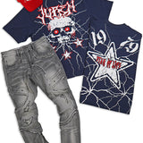 Star Of Life Navy Tee,  Juren Jayvon Gray Wash Denim Jeans and Red Trucker Hat Combo