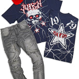 Star Of Life Navy Tee,  Juren Jayvon Gray Wash Denim Jeans and Red Trucker Hat Combo
