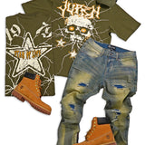 Star Of Life Olive Tee, Blue Viscose Wash Denim Jean  and Olive Corduroy Trucker Hat Combo